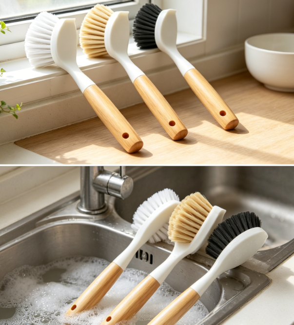 3-Piece Set: Stiff-Bristle Dish Brush with Bamboo Handle